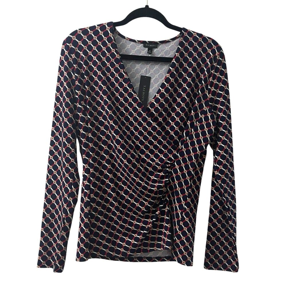 Talbots Blouse Women’s Medium Blue Red White Faux Wrap Stretch Americana NWT